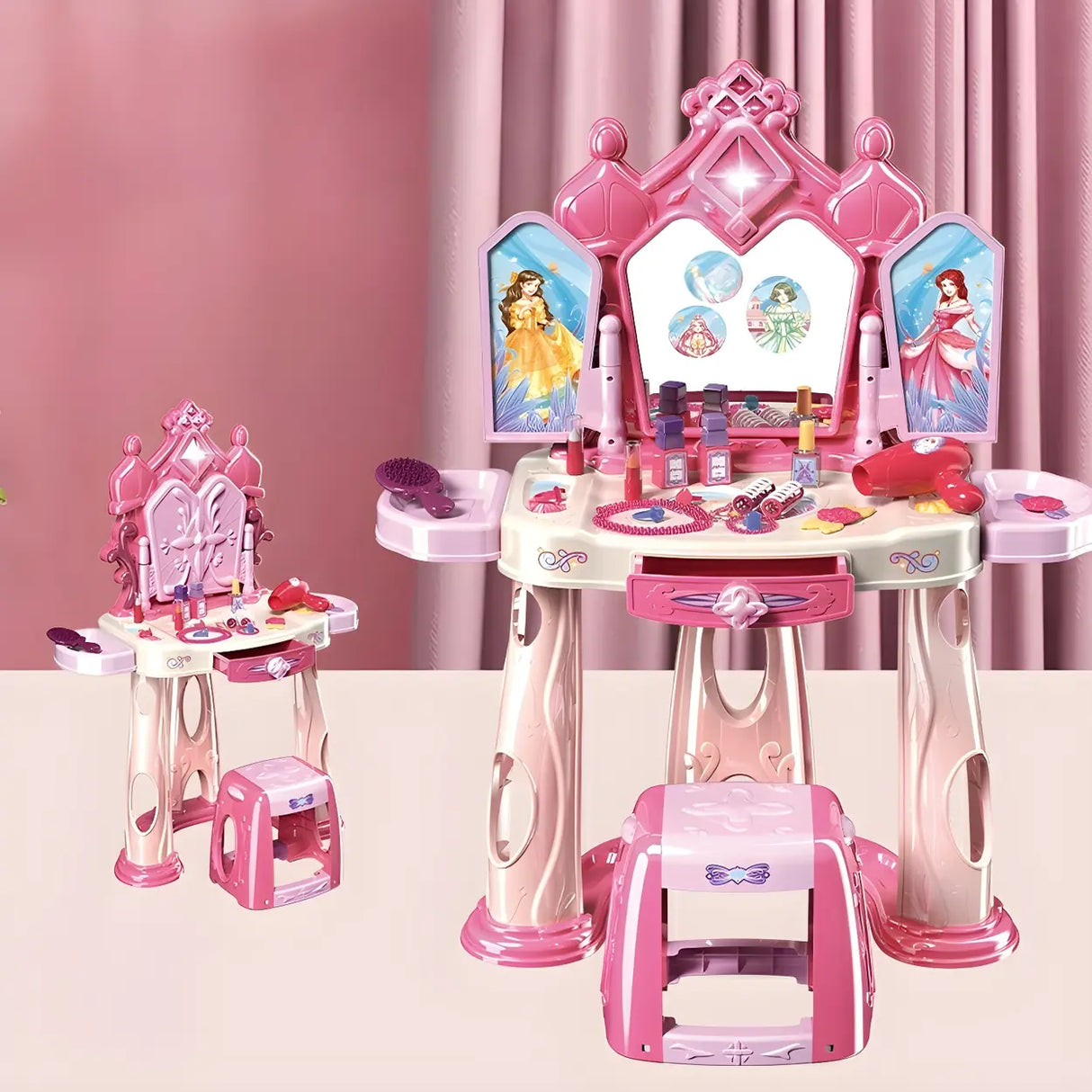 Pink Storage Princess Foldable Kids Vanity Set with Mirror Image - 4