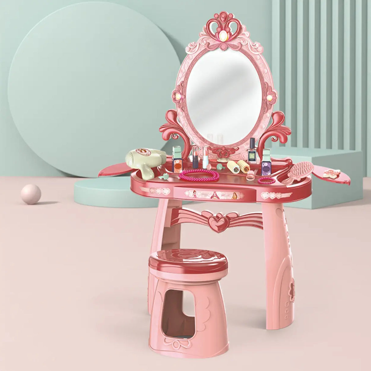 Pink Storage Princess Foldable Kids Vanity Set with Mirror Image - 5