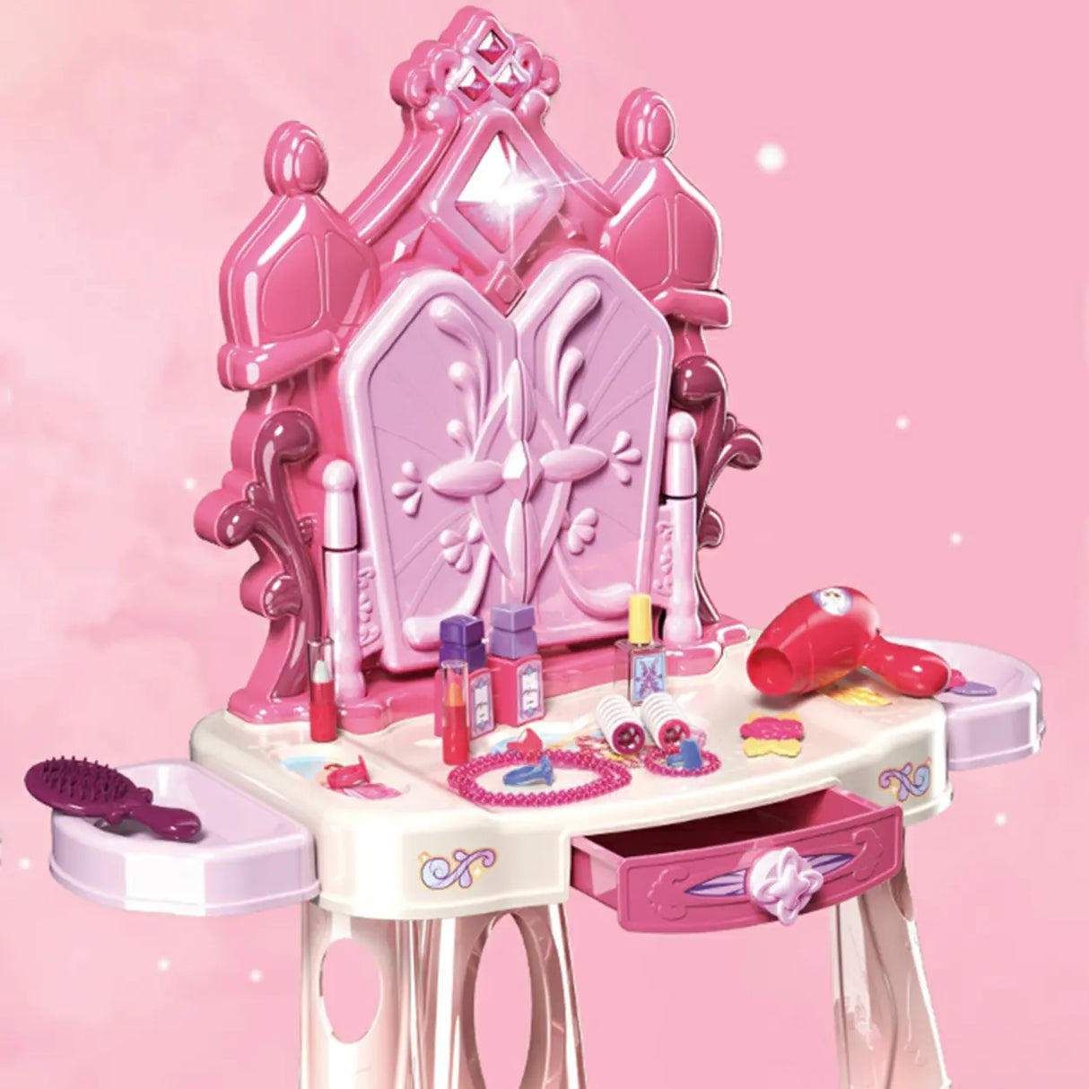 Pink Storage Princess Foldable Kids Vanity Set with Mirror Image - 7