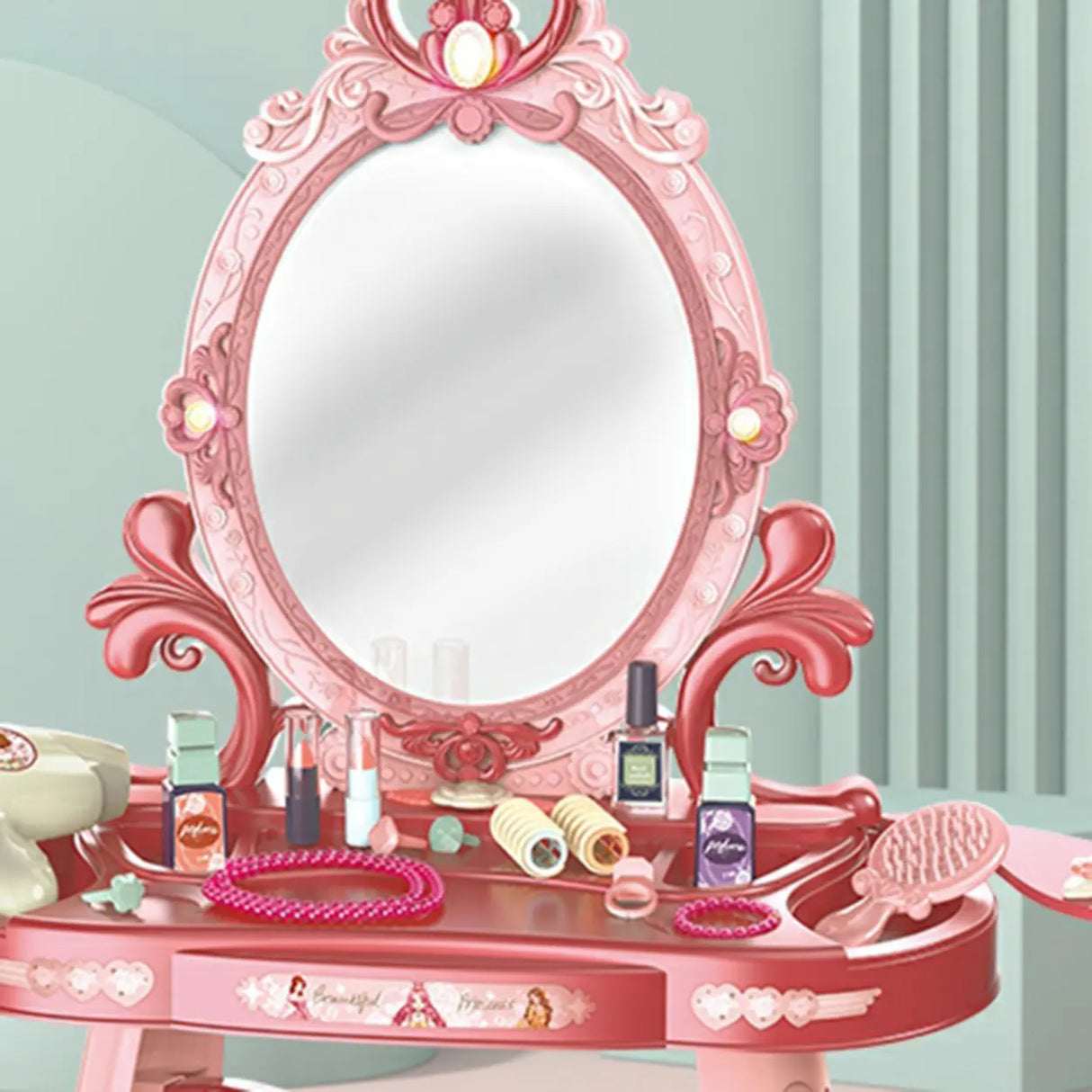 Pink Storage Princess Foldable Kids Vanity Set with Mirror Image - 8