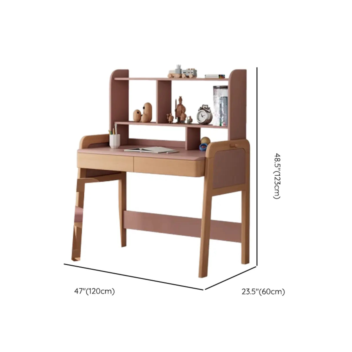 Pink Top Natural Wood Kids Desk with Hutch and Drawers 