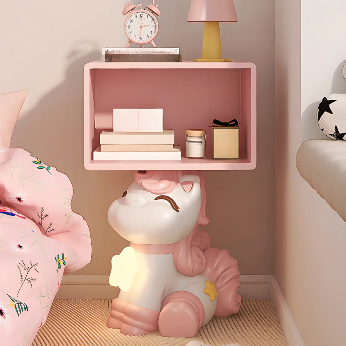 Pink Unicorn-Shaped Wood Open Storage Kids Nightstand Image - 1