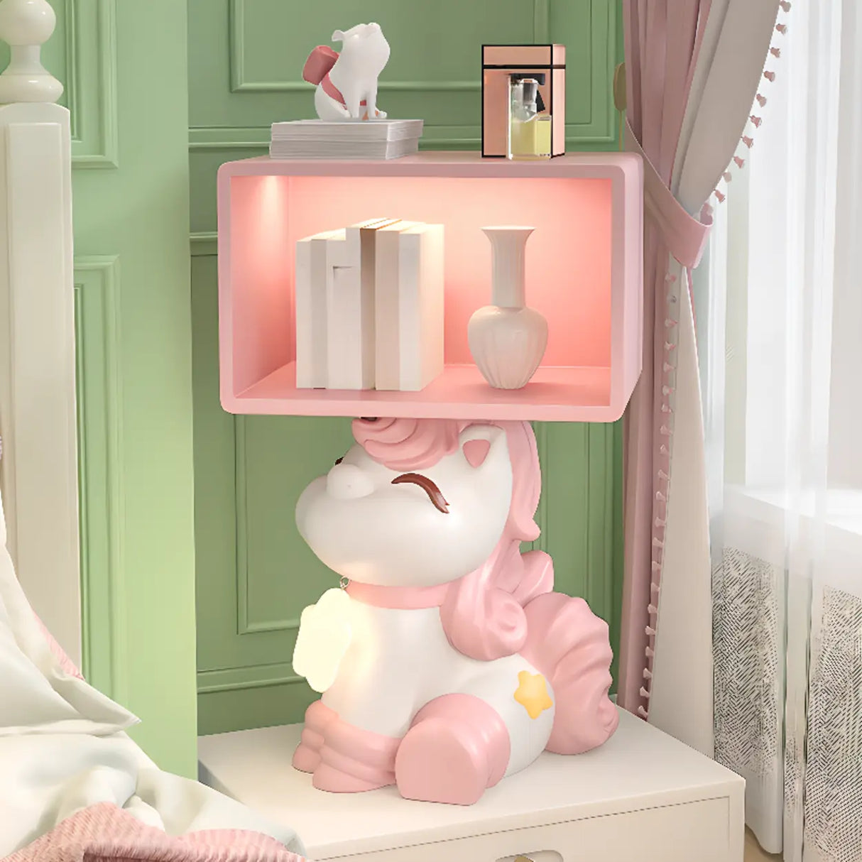 Pink Unicorn-Shaped Wood Open Storage Kids Nightstand Image - 3
