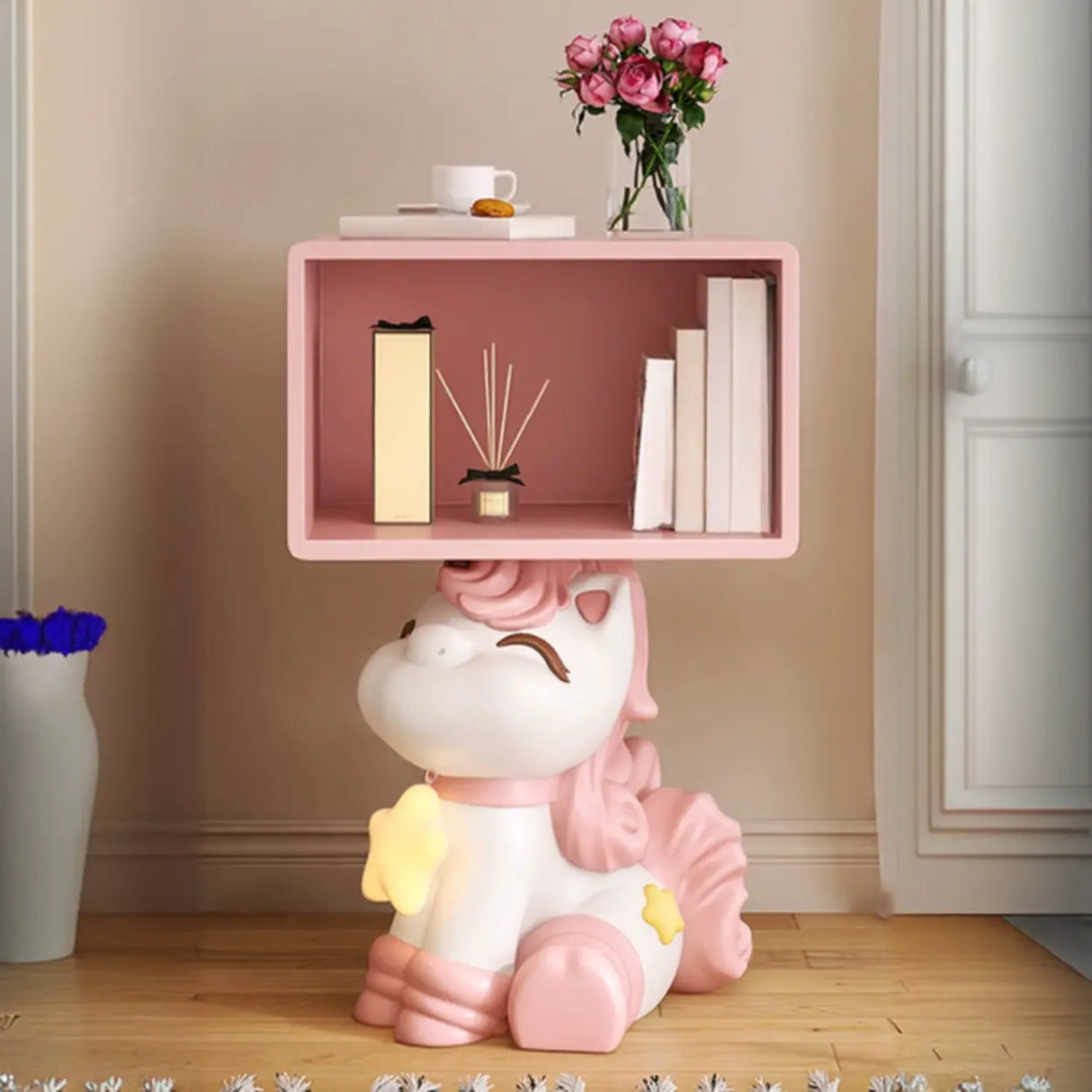 Pink Unicorn-Shaped Wood Open Storage Kids Nightstand Image - 4