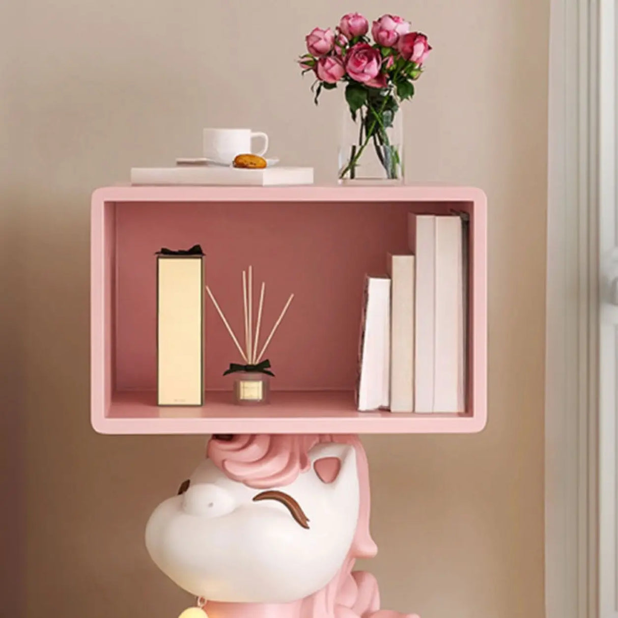 Pink Unicorn-Shaped Wood Open Storage Kids Nightstand Image - 5