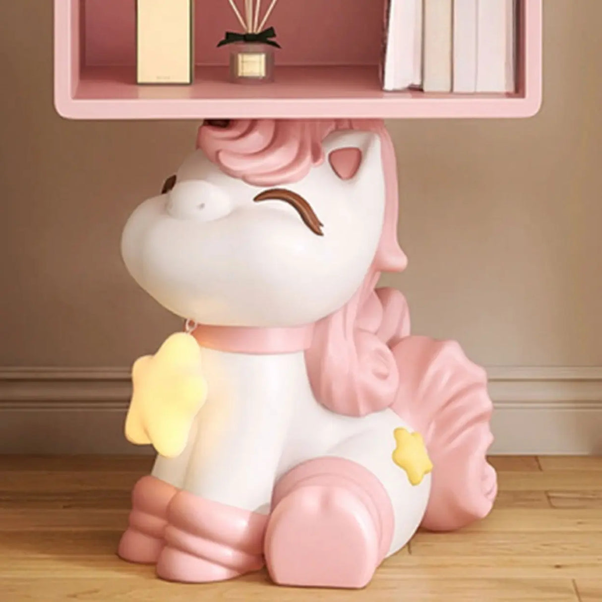 Pink Unicorn-Shaped Wood Open Storage Kids Nightstand Image - 6