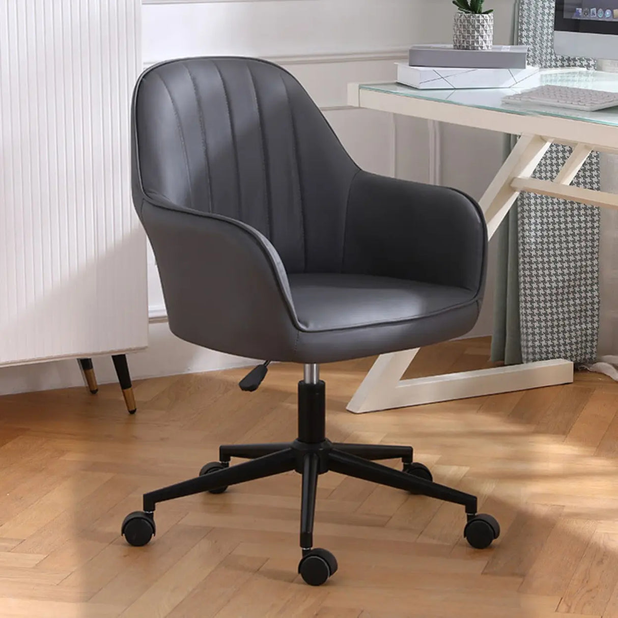Pink Wood Frame Mid-Back Faux Leather Task Office Chair Image - 10