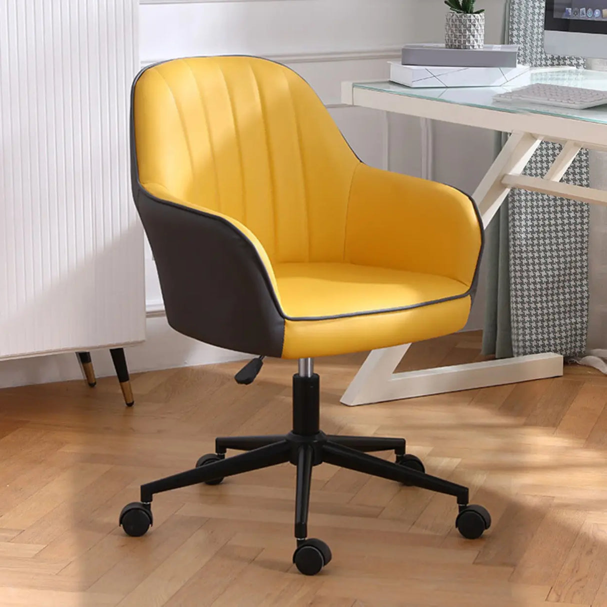 Pink Wood Frame Mid-Back Faux Leather Task Office Chair Image - 12
