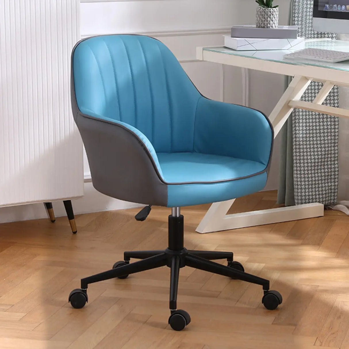 Pink Wood Frame Mid-Back Faux Leather Task Office Chair Image - 14
