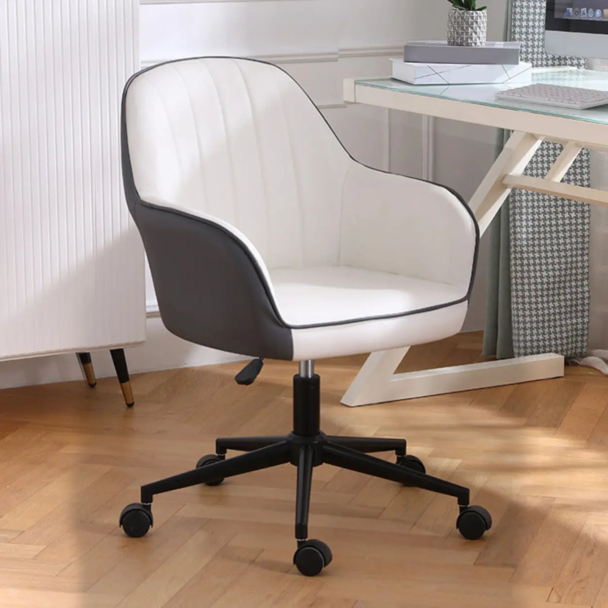 Pink Wood Frame Mid-Back Faux Leather Task Office Chair Image - 15