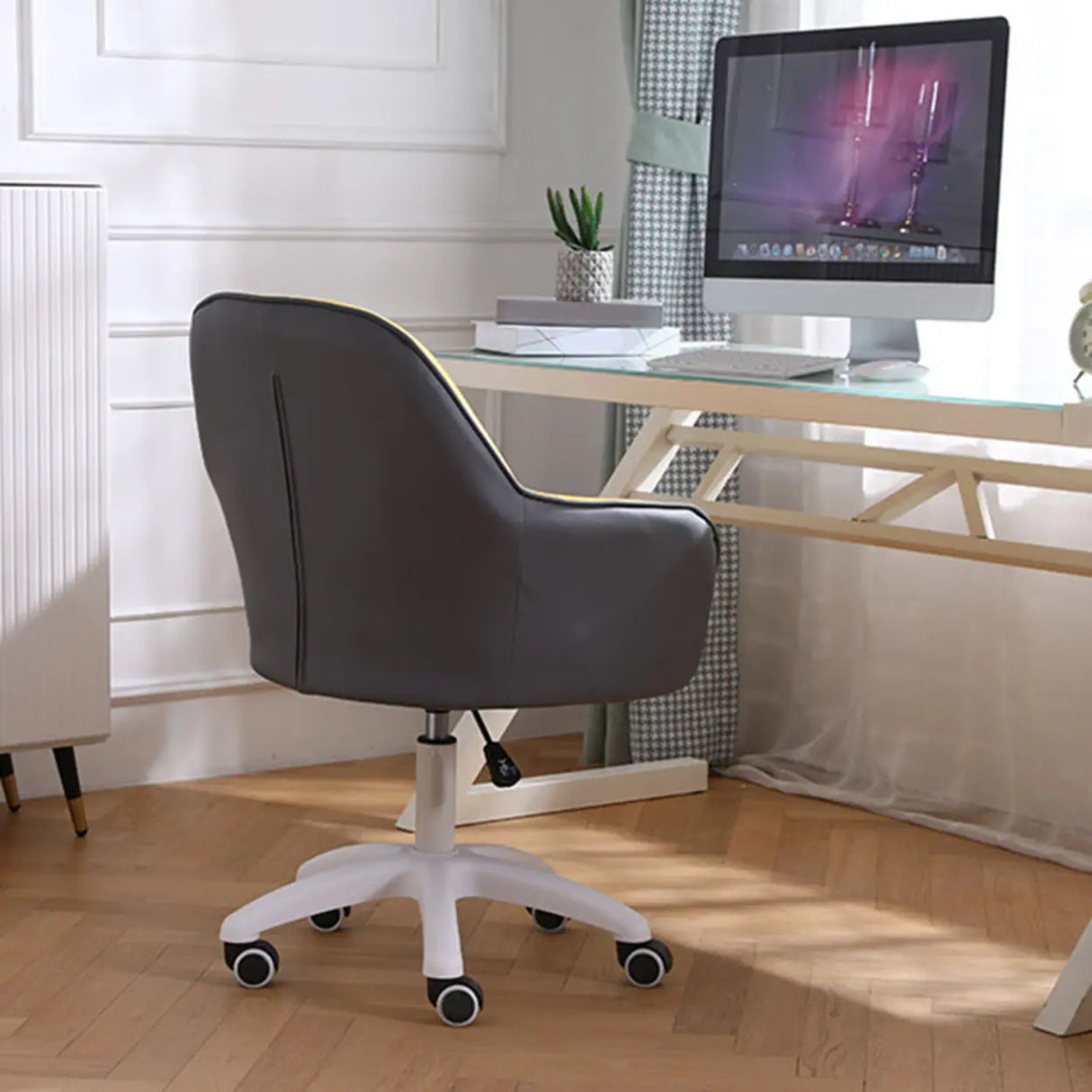 Pink Wood Frame Mid-Back Faux Leather Task Office Chair Image - 16