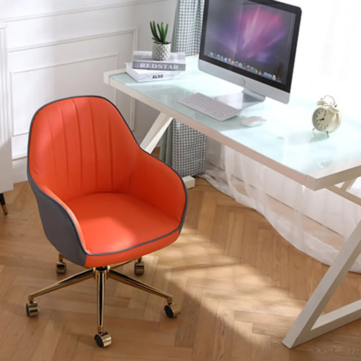 Pink Wood Frame Mid-Back Faux Leather Task Office Chair Image - 17