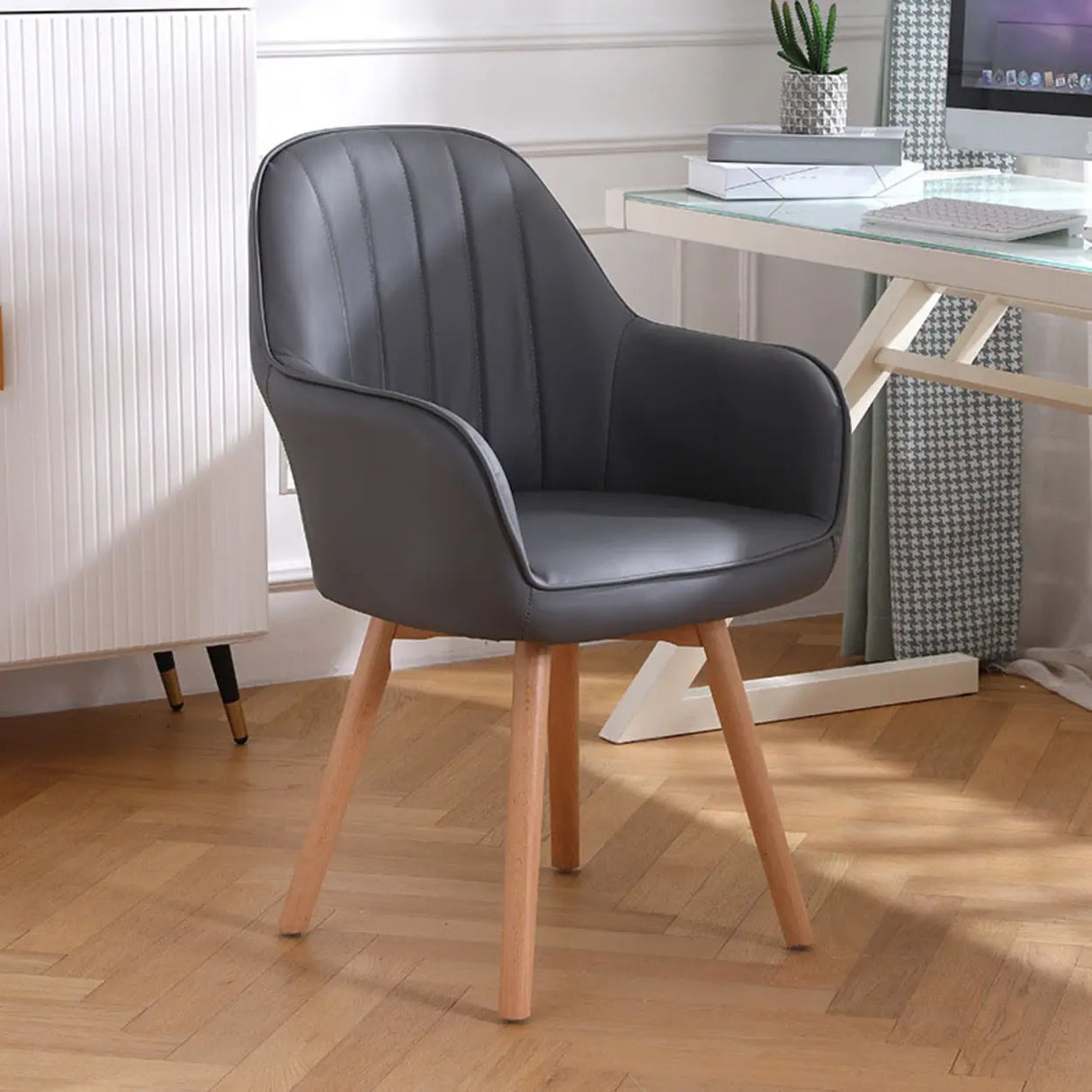Pink Wood Frame Mid-Back Faux Leather Task Office Chair Image - 18