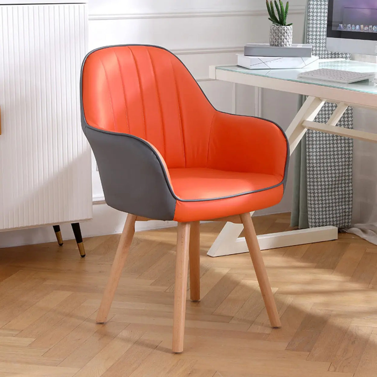Pink Wood Frame Mid-Back Faux Leather Task Office Chair Image - 19