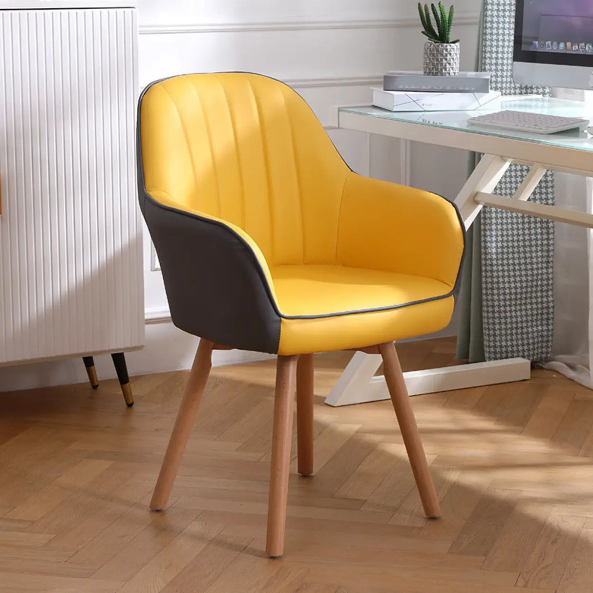 Pink Wood Frame Mid-Back Faux Leather Task Office Chair Image - 20