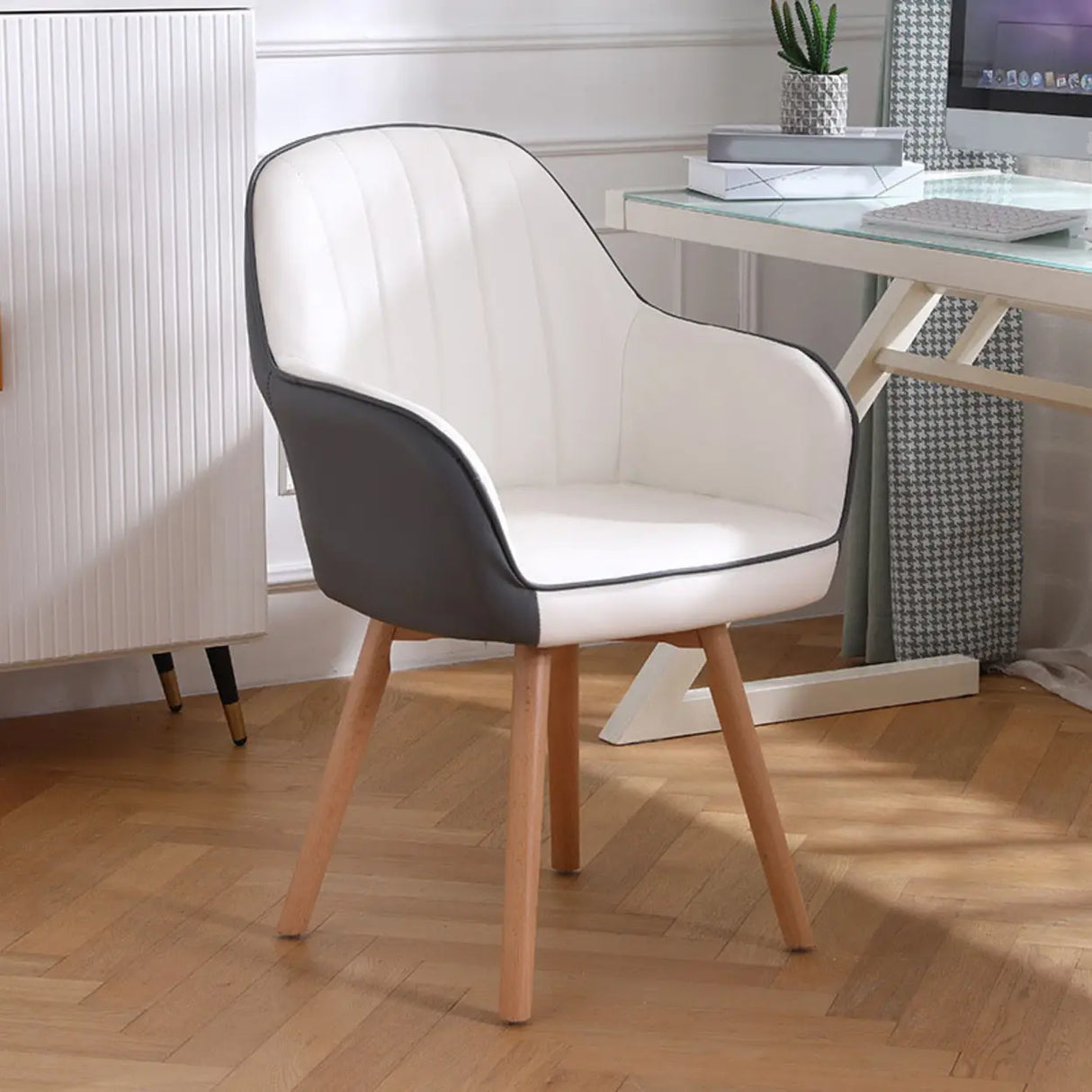 Pink Wood Frame Mid-Back Faux Leather Task Office Chair Image - 21