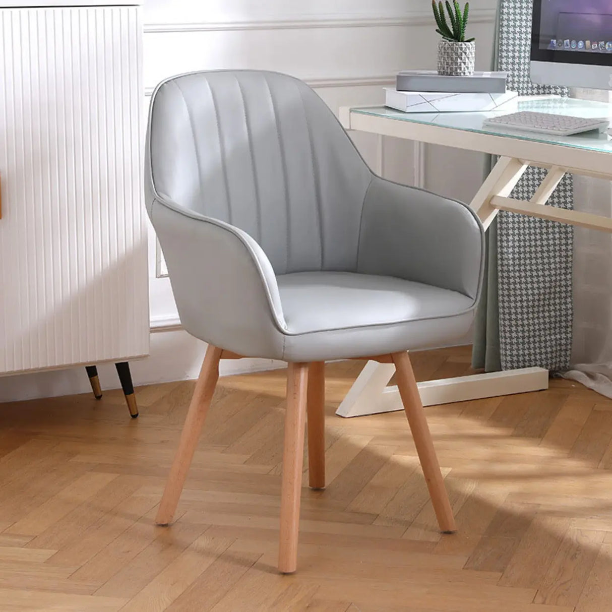 Pink Wood Frame Mid-Back Faux Leather Task Office Chair Image - 22