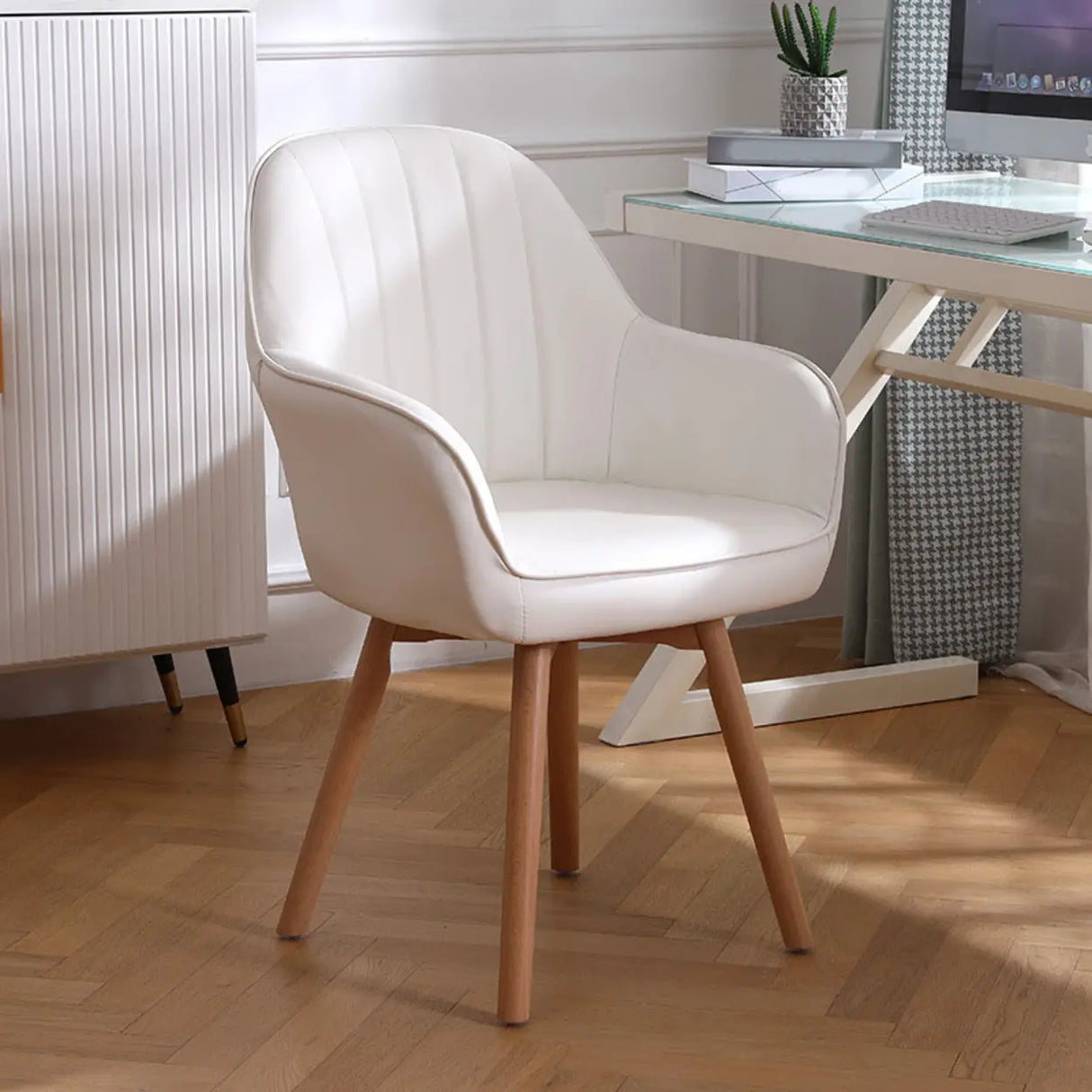 Pink Wood Frame Mid-Back Faux Leather Task Office Chair Image - 23