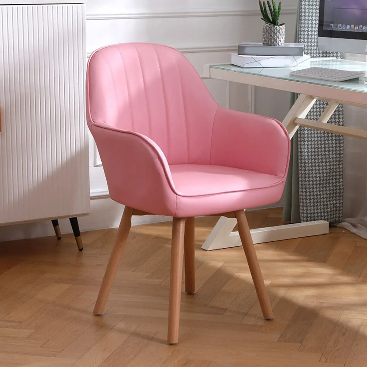Pink Wood Frame Mid-Back Faux Leather Task Office Chair Image - 24