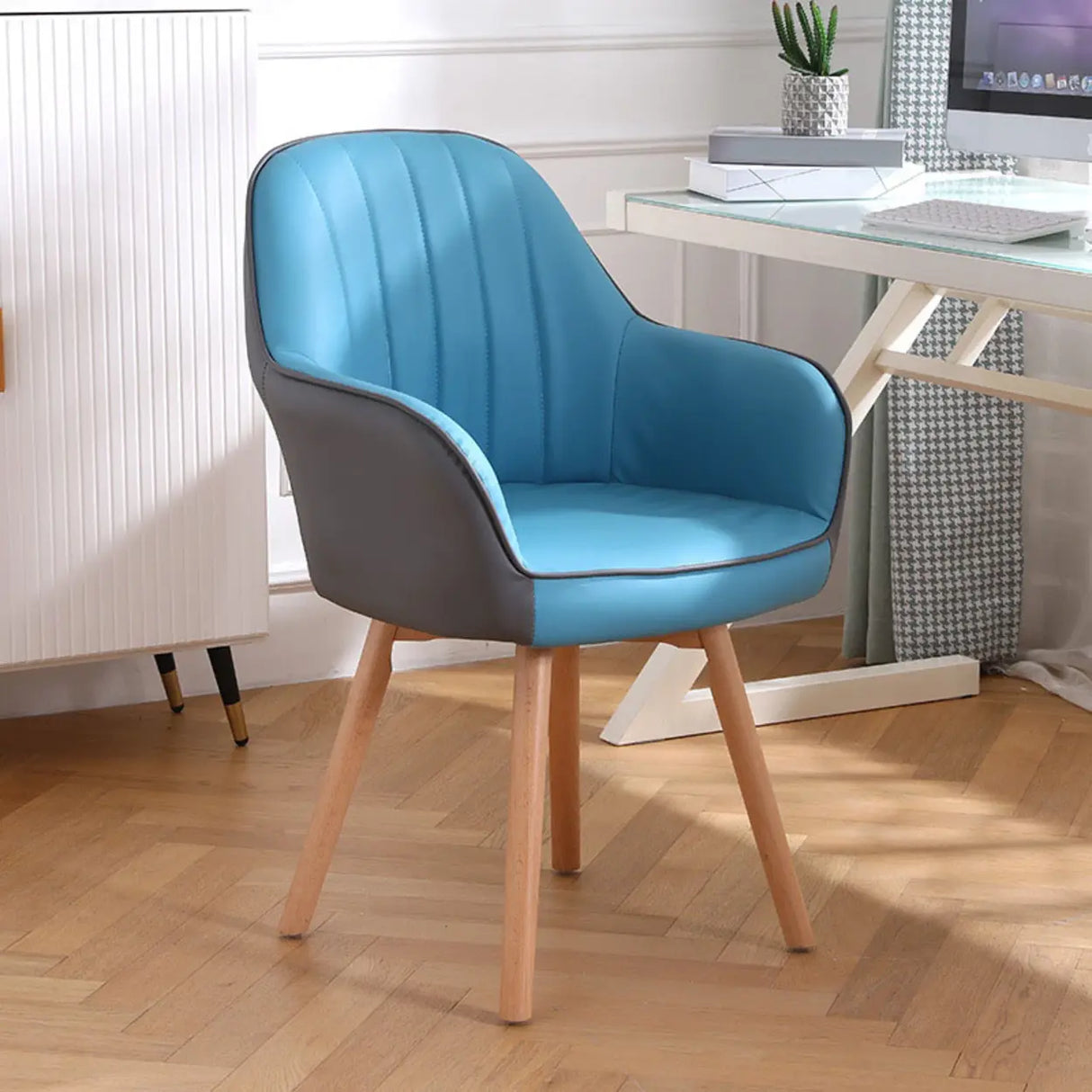 Pink Wood Frame Mid-Back Faux Leather Task Office Chair Image - 25