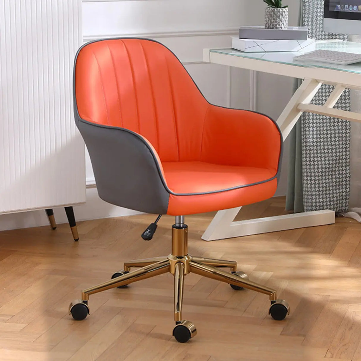 Pink Wood Frame Mid-Back Faux Leather Task Office Chair Image - 27