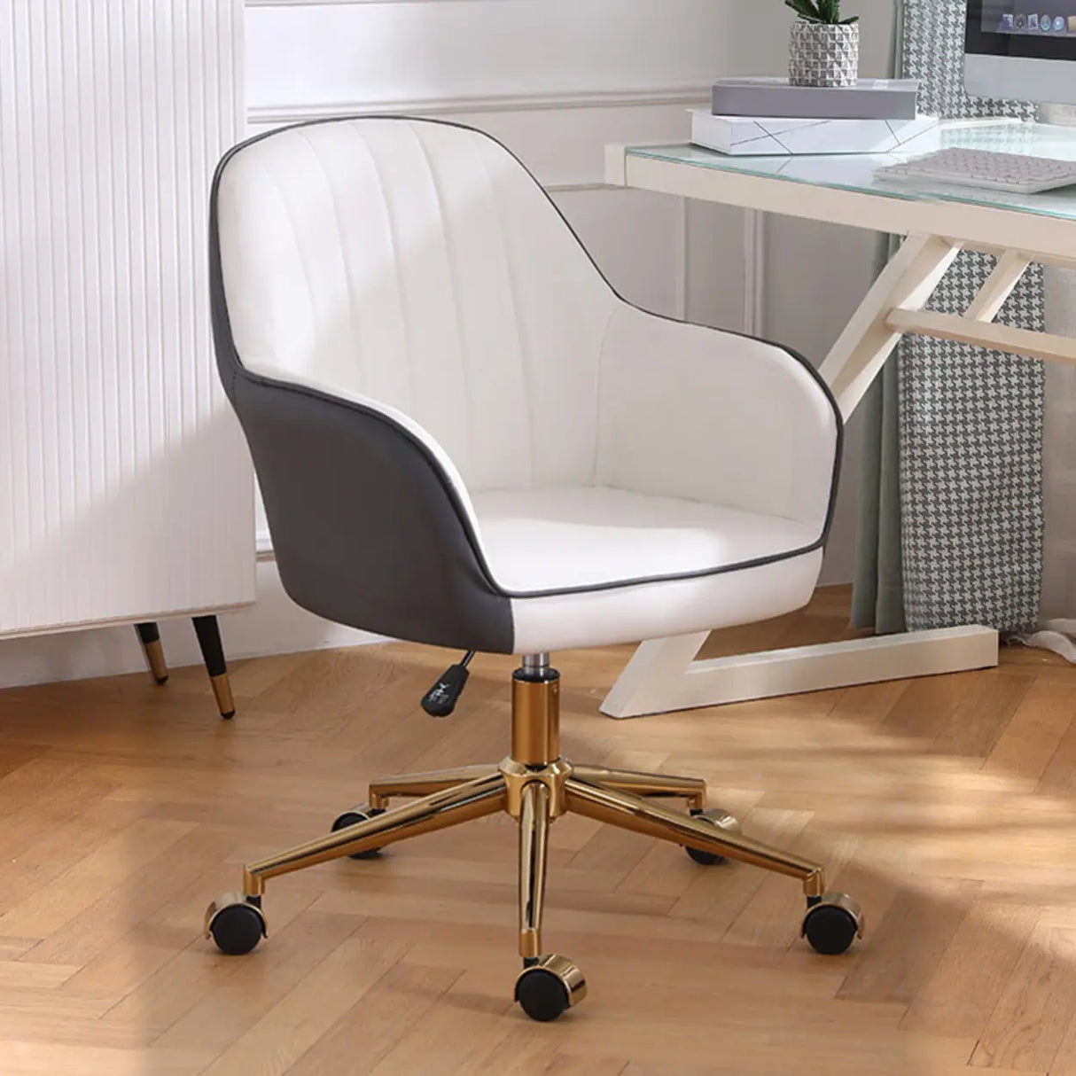 Pink Wood Frame Mid-Back Faux Leather Task Office Chair Image - 29
