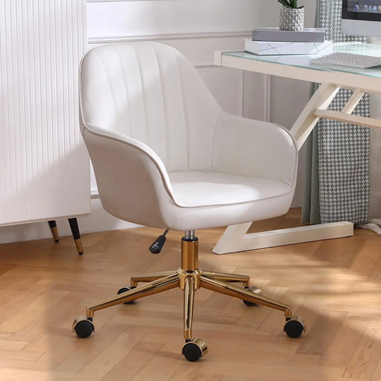 Pink Wood Frame Mid-Back Faux Leather Task Office Chair Image - 30