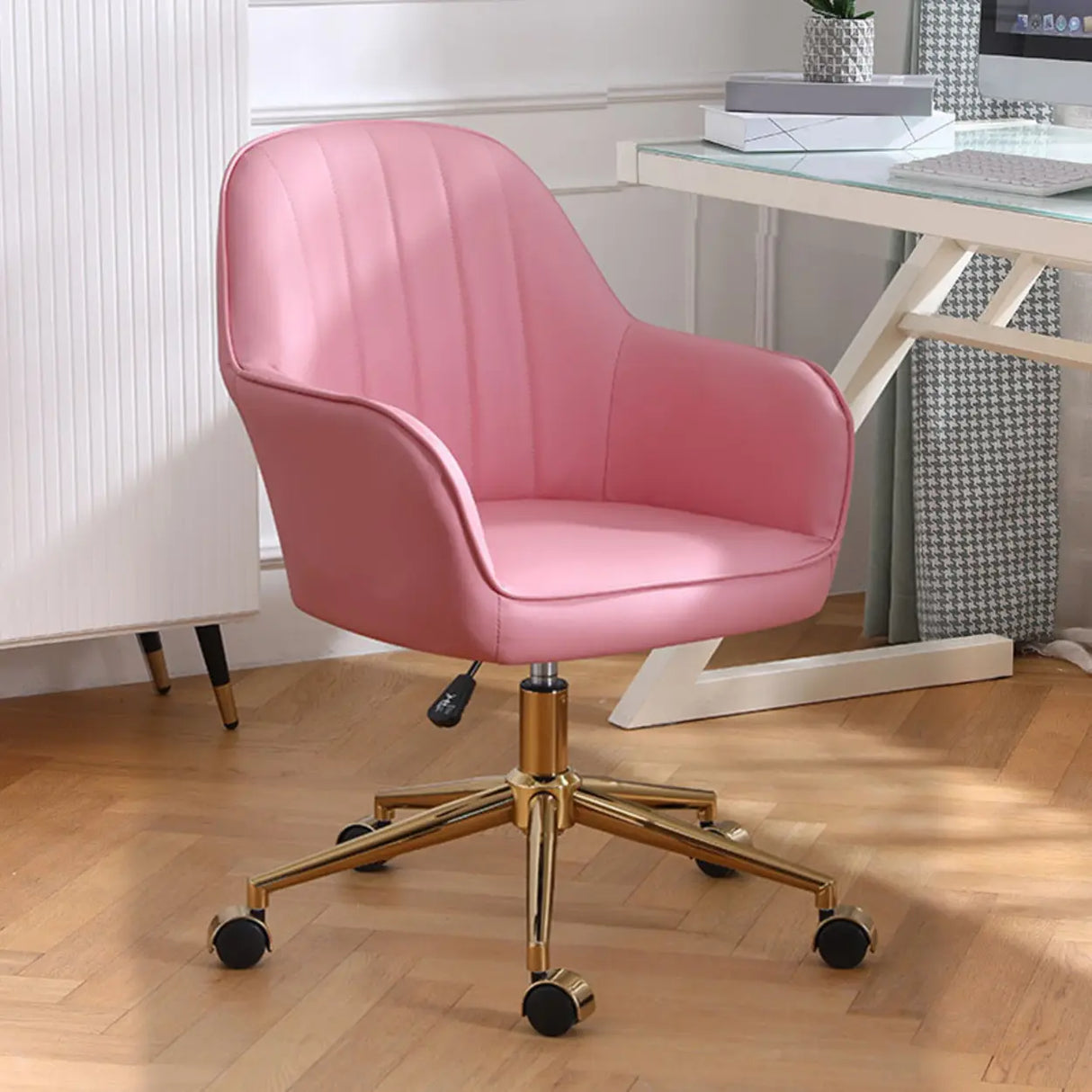Pink Wood Frame Mid-Back Faux Leather Task Office Chair Image - 31