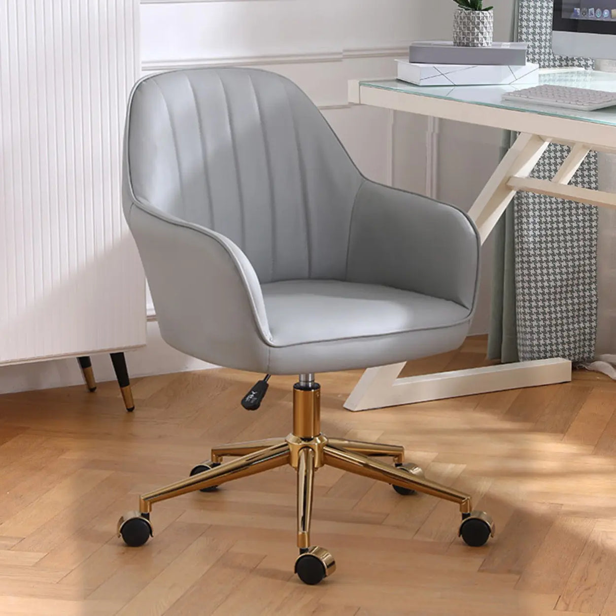 Pink Wood Frame Mid-Back Faux Leather Task Office Chair Image - 32