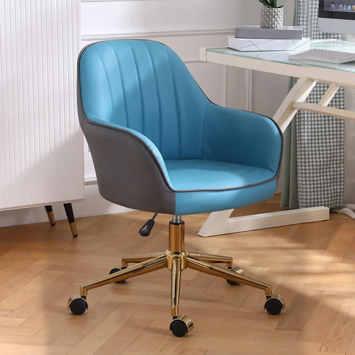 Pink Wood Frame Mid-Back Faux Leather Task Office Chair Image - 33