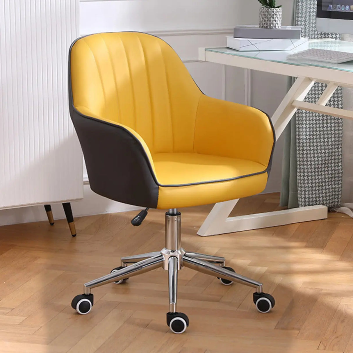 Pink Wood Frame Mid-Back Faux Leather Task Office Chair Image - 34