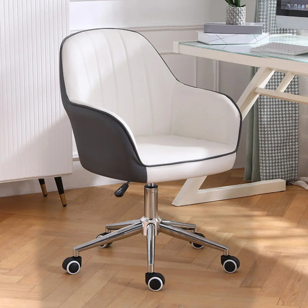 Pink Wood Frame Mid-Back Faux Leather Task Office Chair Image - 35