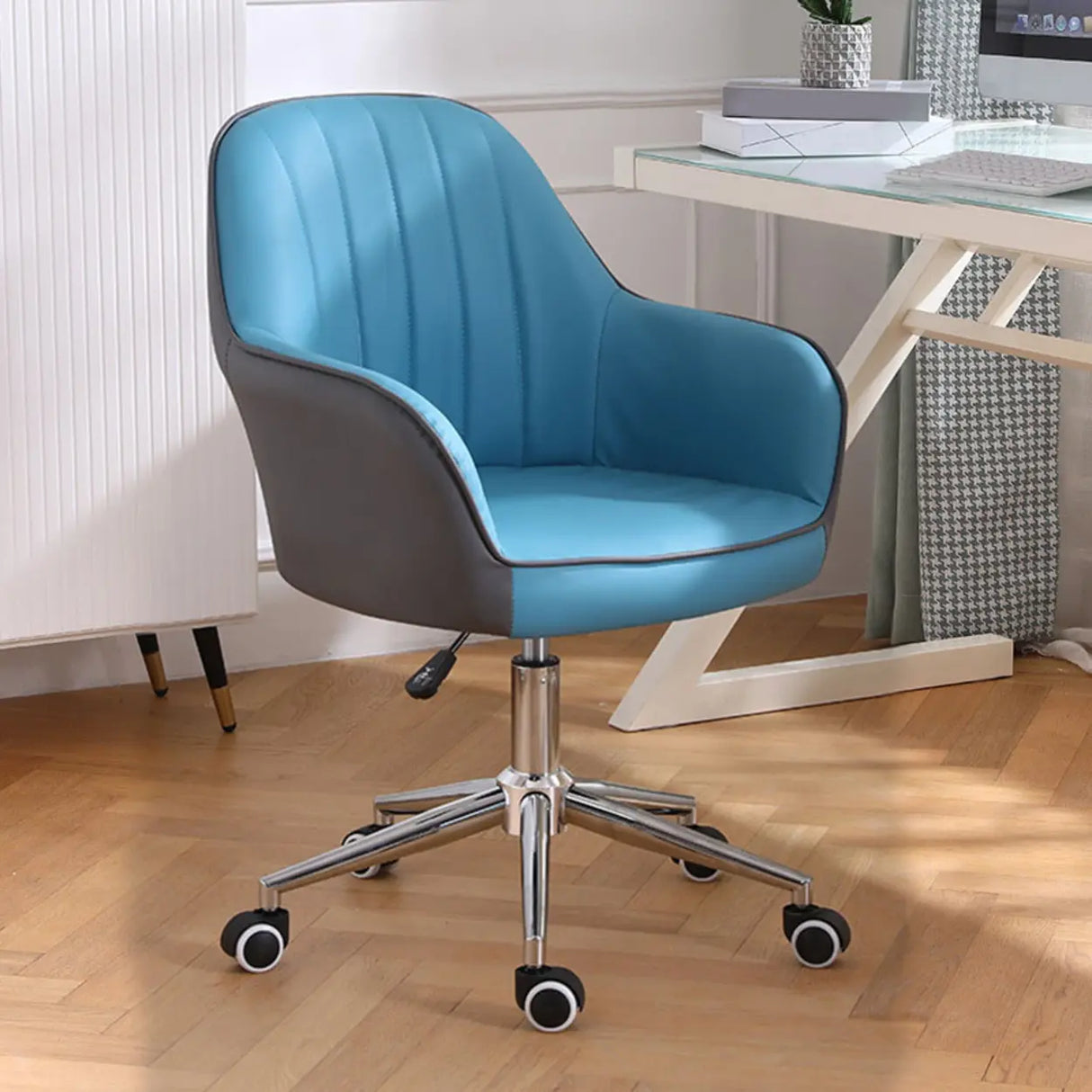 Pink Wood Frame Mid-Back Faux Leather Task Office Chair Image - 36