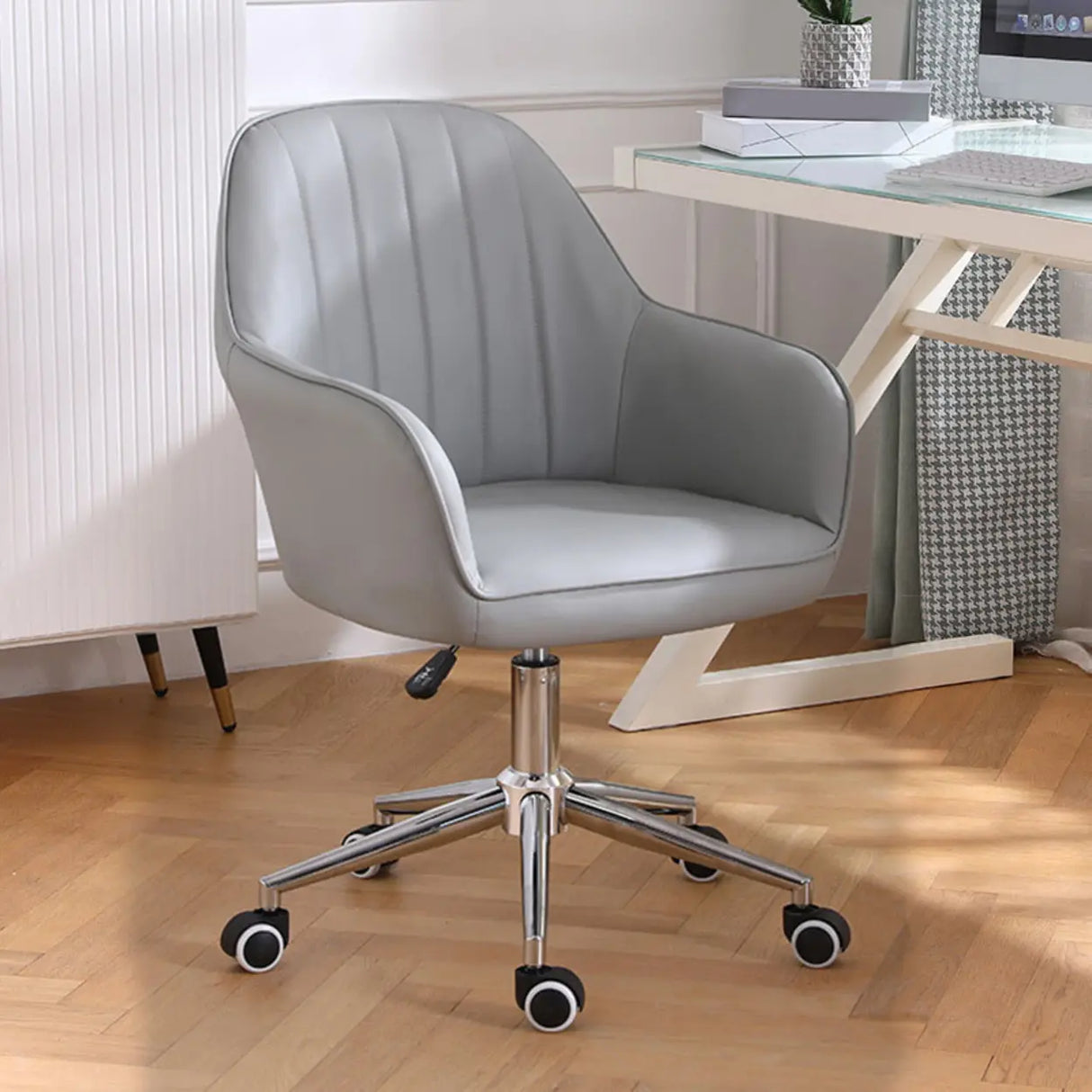 Pink Wood Frame Mid-Back Faux Leather Task Office Chair Image - 37