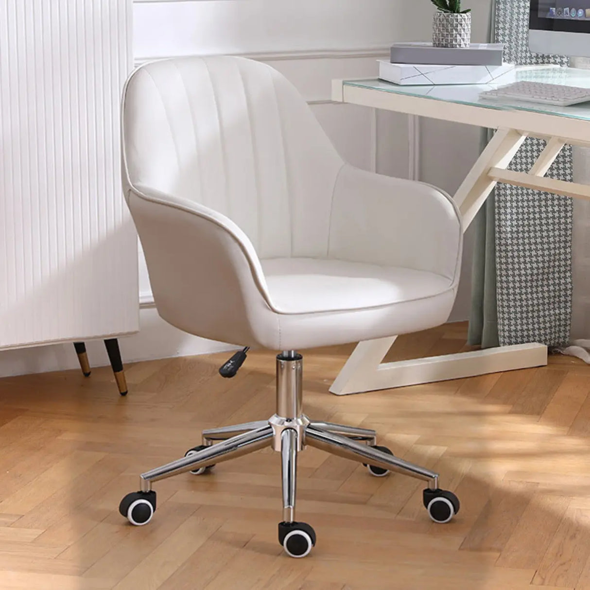 Pink Wood Frame Mid-Back Faux Leather Task Office Chair Image - 38