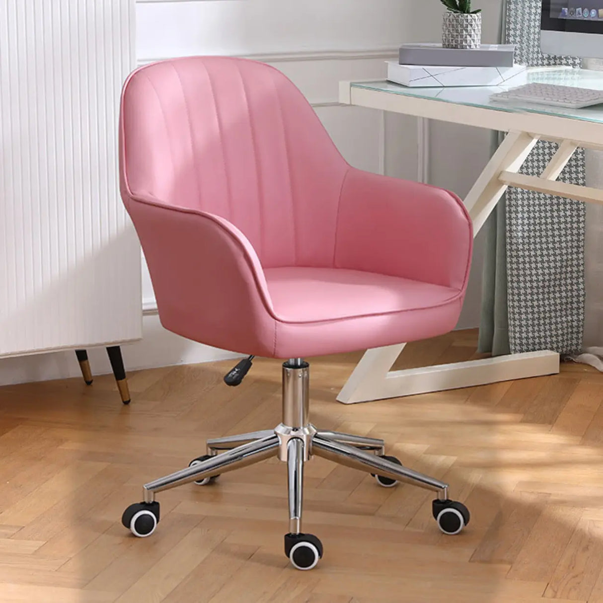 Pink Wood Frame Mid-Back Faux Leather Task Office Chair Image - 39
