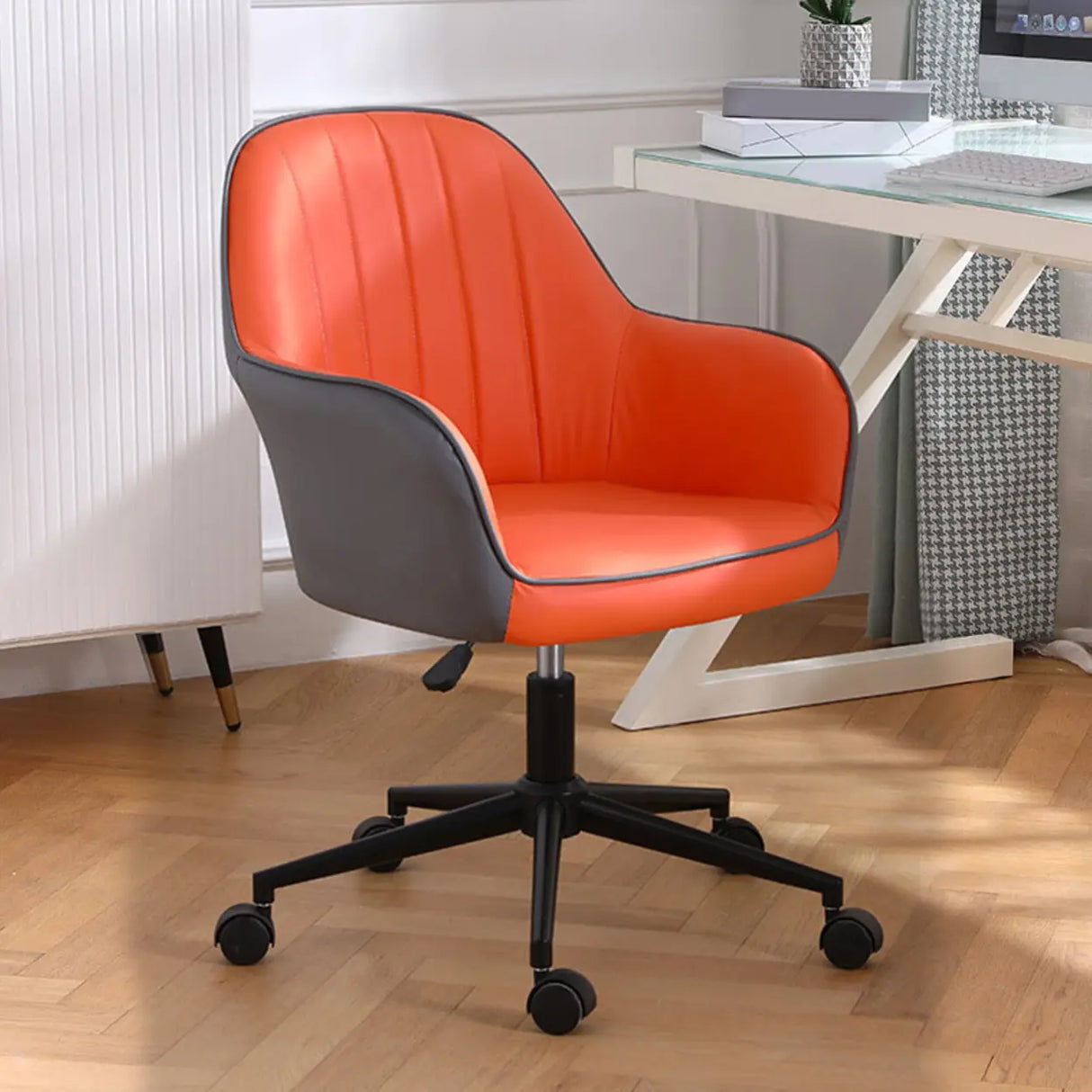 Pink Wood Frame Mid-Back Faux Leather Task Office Chair Image - 4