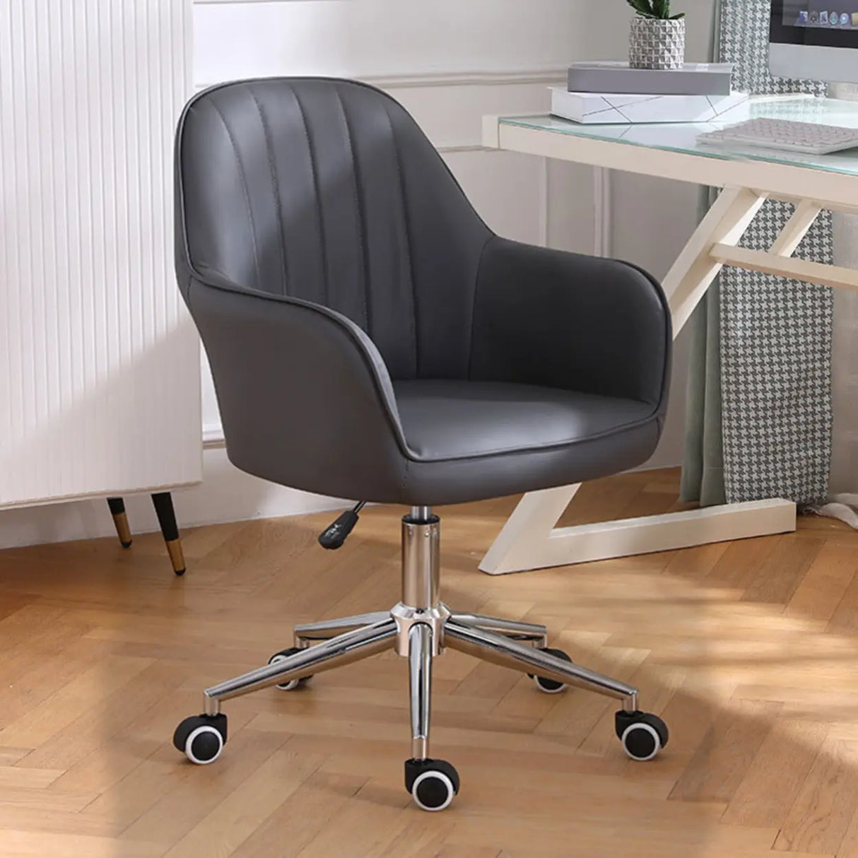Pink Wood Frame Mid-Back Faux Leather Task Office Chair Image - 40