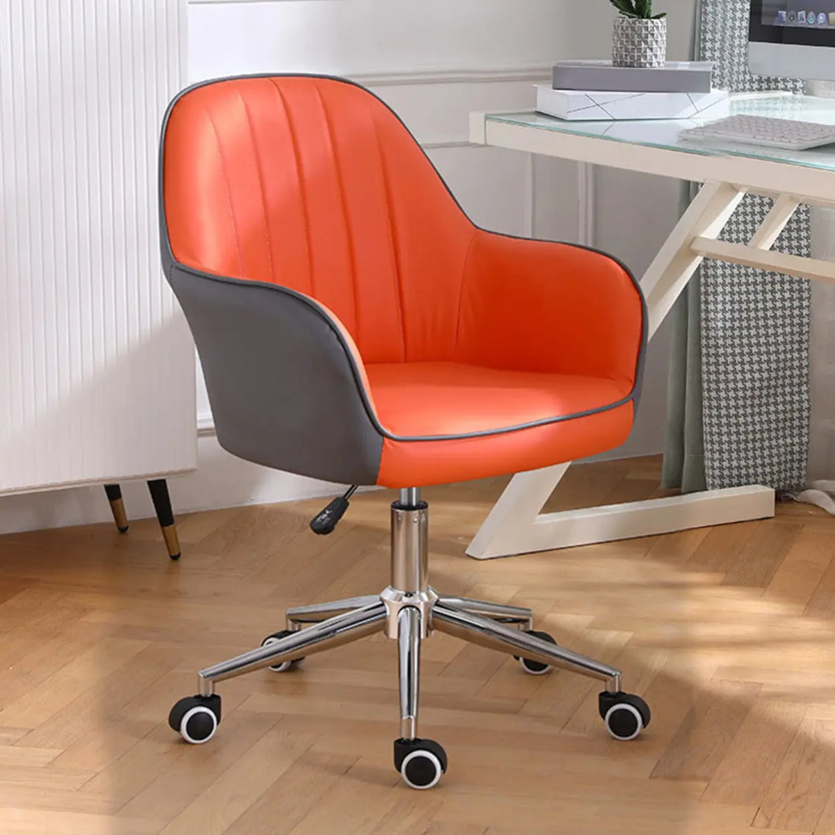 Pink Wood Frame Mid-Back Faux Leather Task Office Chair Image - 41