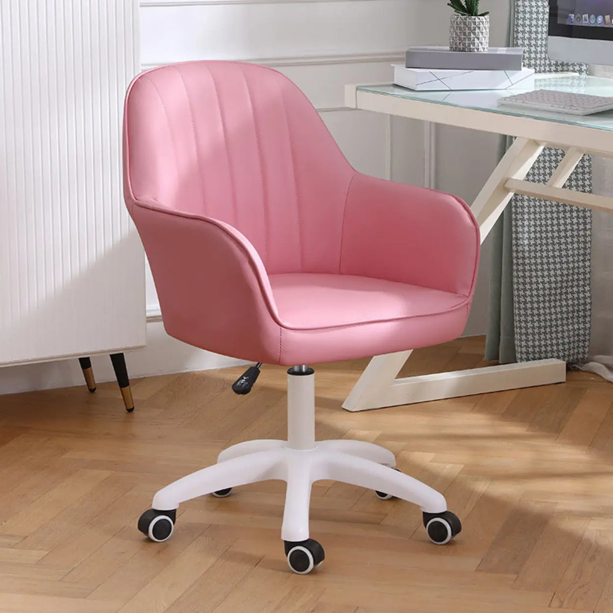 Pink Wood Frame Mid-Back Faux Leather Task Office Chair Image - 42