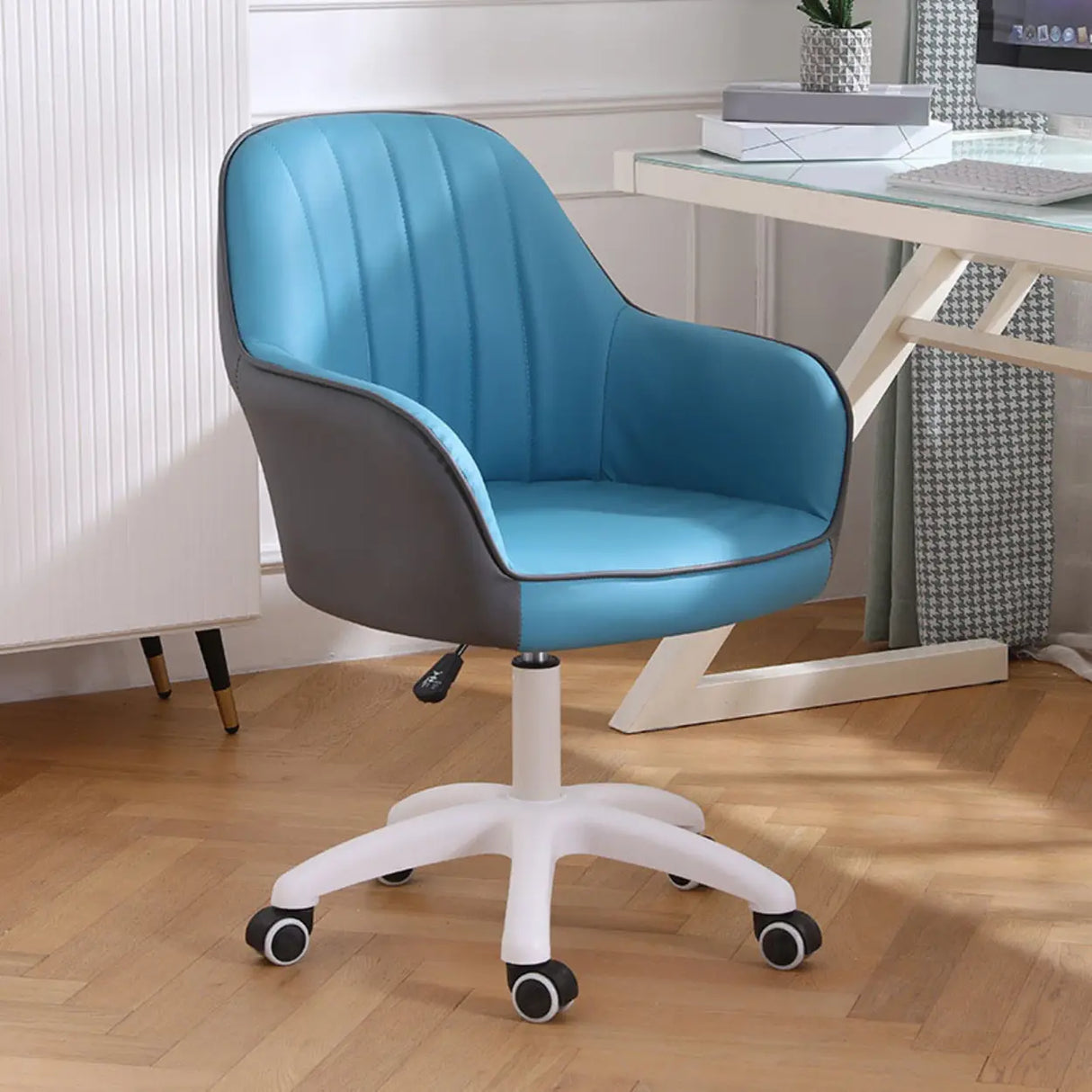 Pink Wood Frame Mid-Back Faux Leather Task Office Chair Image - 43