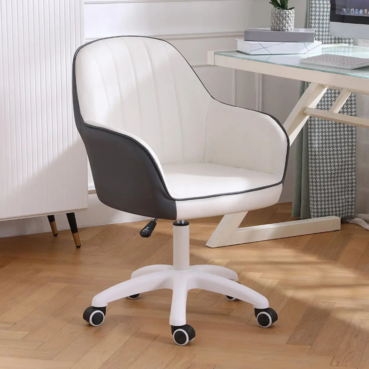 Pink Wood Frame Mid-Back Faux Leather Task Office Chair Image - 44