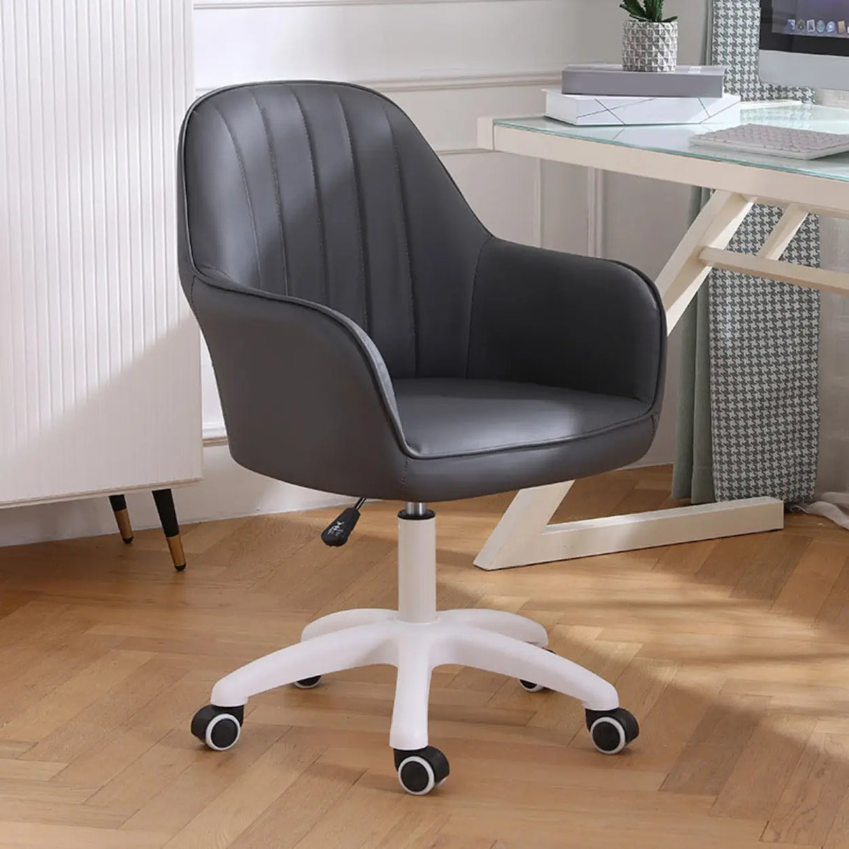 Pink Wood Frame Mid-Back Faux Leather Task Office Chair Image - 45