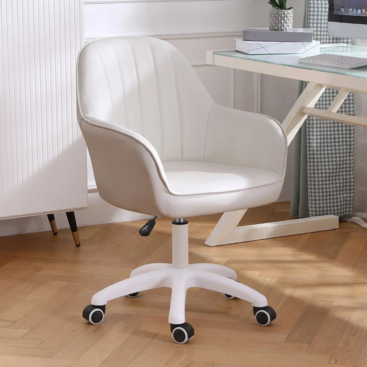 Pink Wood Frame Mid-Back Faux Leather Task Office Chair Image - 46
