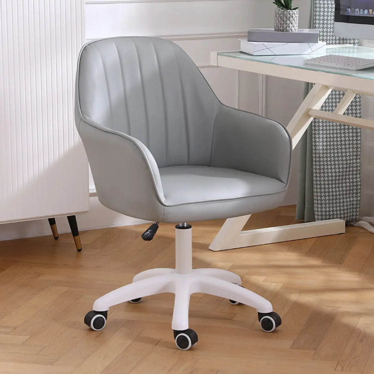 Pink Wood Frame Mid-Back Faux Leather Task Office Chair Image - 47