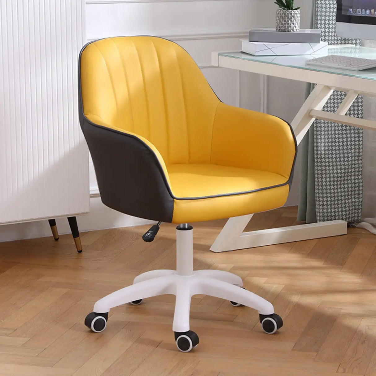 Pink Wood Frame Mid-Back Faux Leather Task Office Chair Image - 48