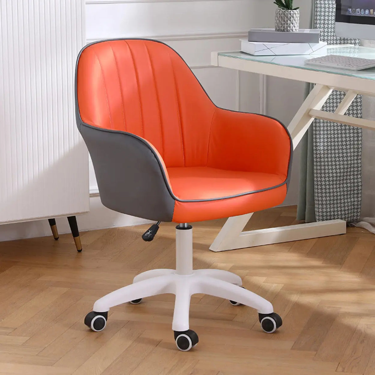 Pink Wood Frame Mid-Back Faux Leather Task Office Chair Image - 49