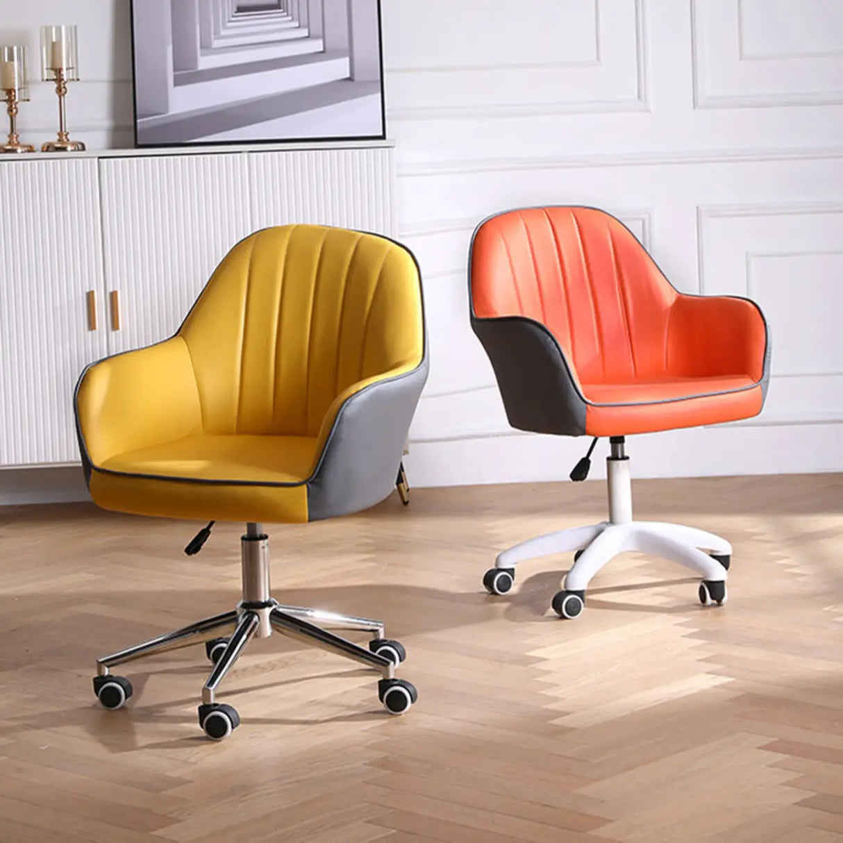 Pink Wood Frame Mid-Back Faux Leather Task Office Chair Image - 5
