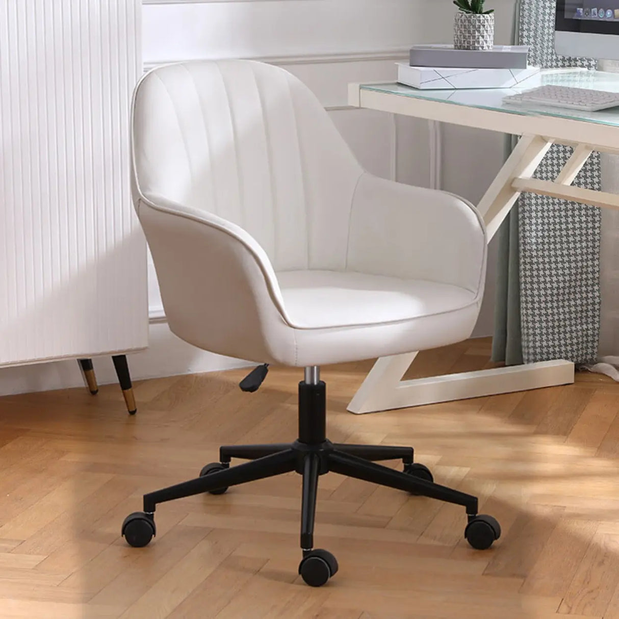 Pink Wood Frame Mid-Back Faux Leather Task Office Chair Image - 6