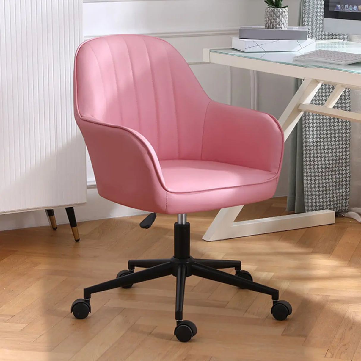 Pink Wood Frame Mid-Back Faux Leather Task Office Chair Image - 8